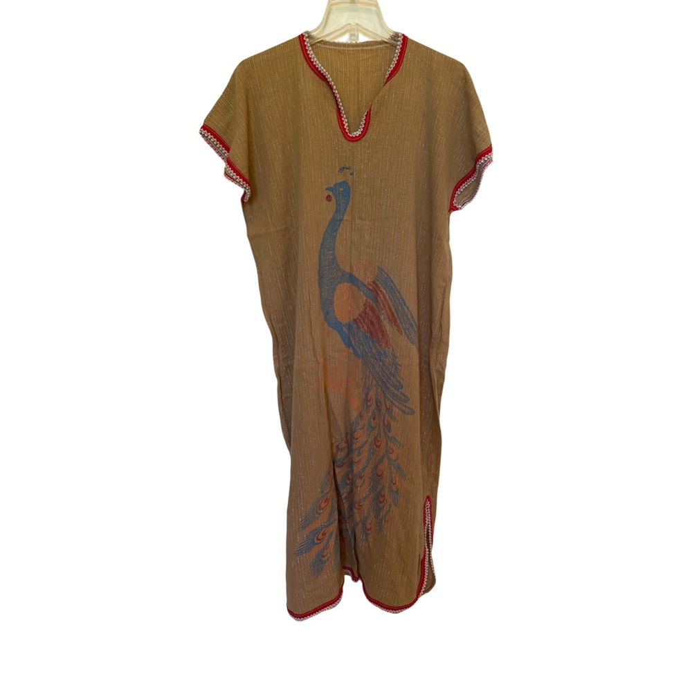 Vintage 70s Brown Kaftan with Peacock Design